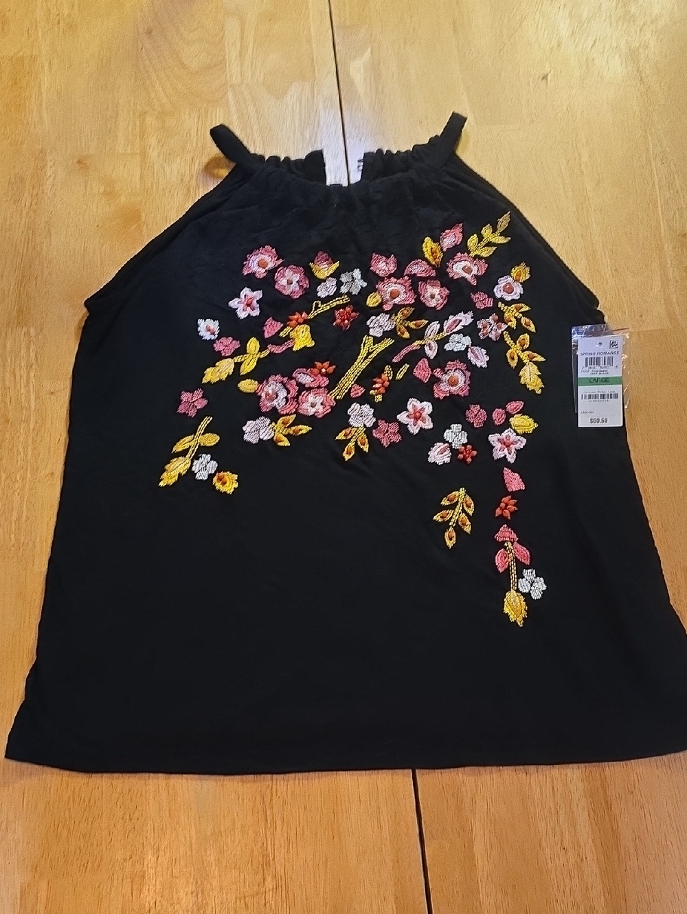 INC International Concepts Black Halter Camisole with Floral Embroidery